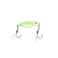 Dogfish Tackle & Marine Angler Co Widowmaker slow pitch jig, white with green stripes, shad-profile body, two treble hooks with white feather assist.