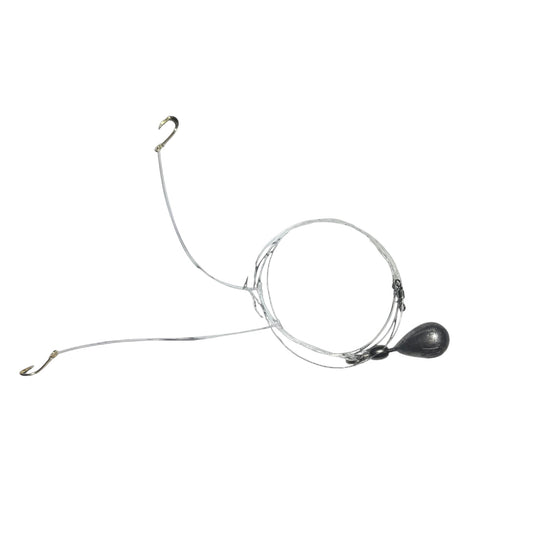 Dogfish Tackle & Marine hand-tied baitfish rig with two gold Mustad J hooks, monofilament line, and casting weight.