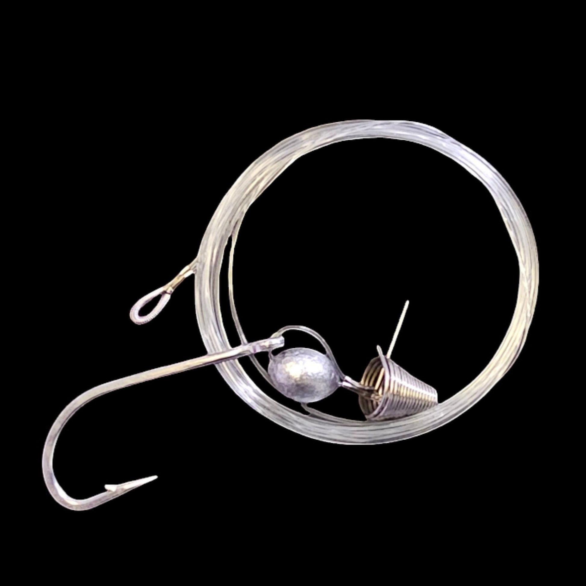 Dogfish Tackle & Marine pre-made ballyhoo fishing rig with 60-80lb monofilament line, Oshaunessy hook, and chin weight.