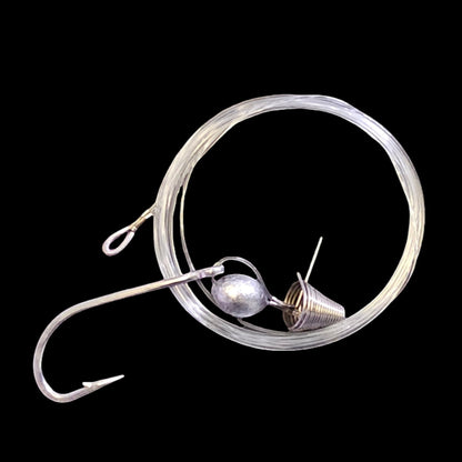 Dogfish Tackle & Marine pre-made ballyhoo fishing rig with 60-80lb monofilament line, Oshaunessy hook, and chin weight.