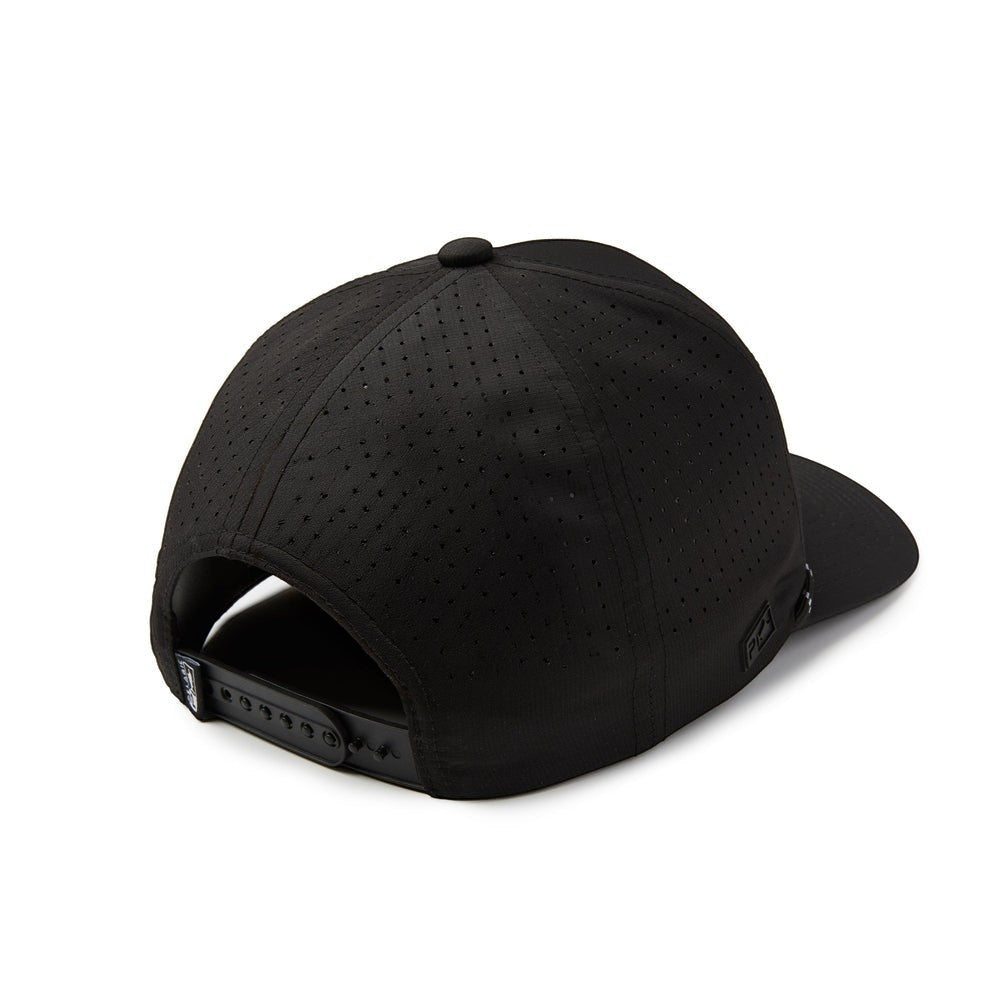 Dogfish Tackle & Marine black recycled polyester baseball cap with laser-cut perforations and adjustable snapback.