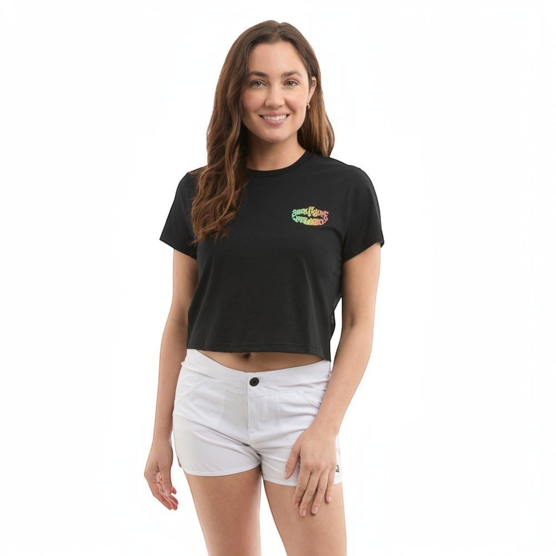 Dogfish Tackle & Marine black cropped t-shirt with colorful "Stick Figure Pelagic" graphic on chest, made of 60% organic cotton and 40% recycled polyester.