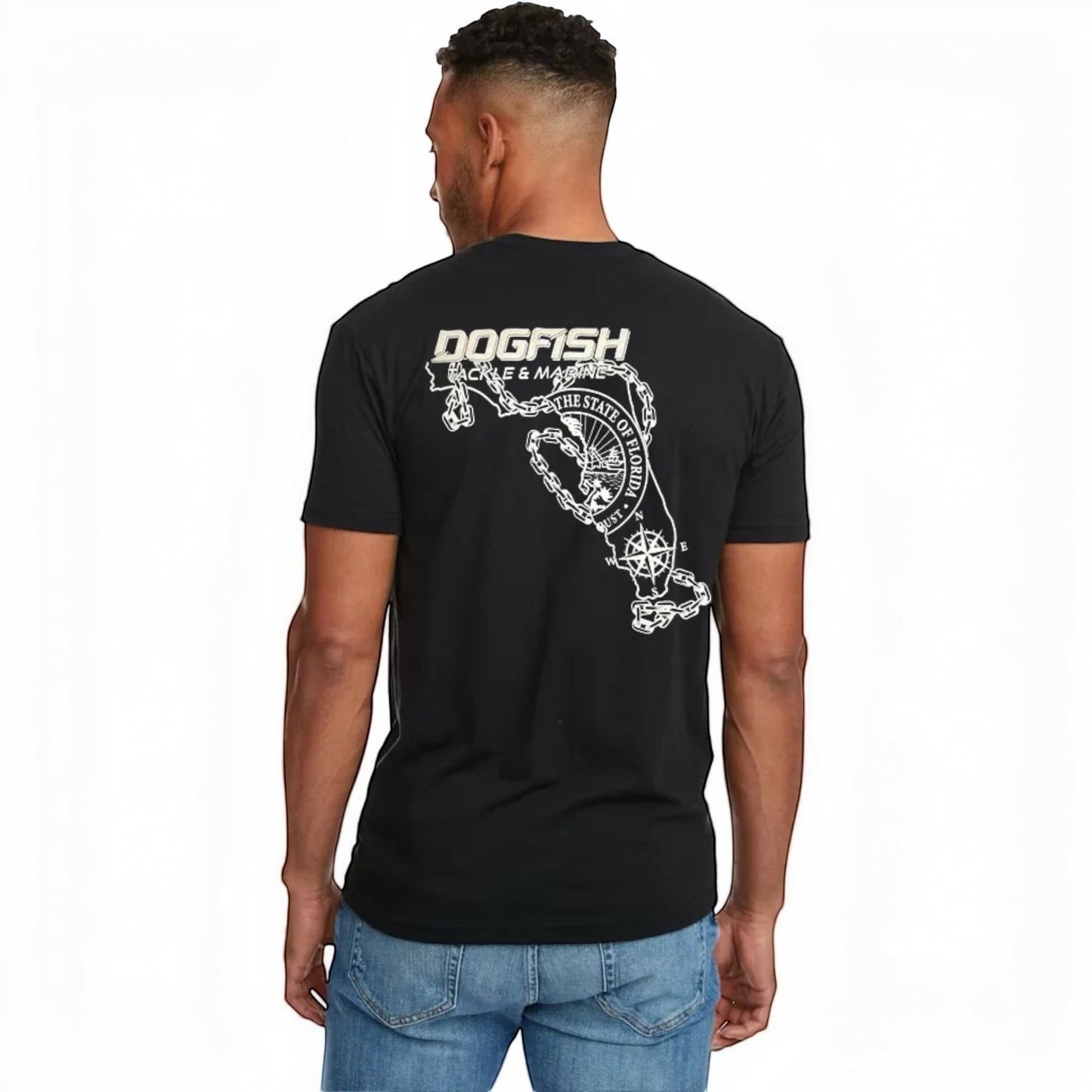 Dogfish Tackle & Marine black poly-cotton short sleeve t-shirt with Florida map and compass graphic on back.