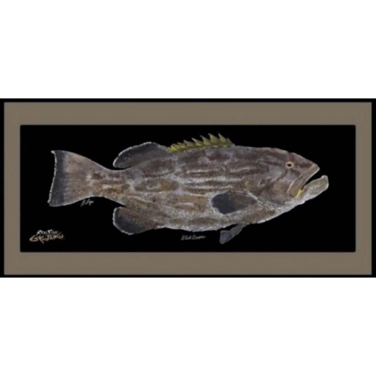 Dogfish Tackle & Marine Realfish indoor outdoor floor mat featuring a detailed Gyotaku black grouper fish print.