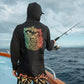 Dogfish Tackle & Marine black long-sleeve hooded shirt with colorful graphic on back, thumbholes, and kangaroo pocket.