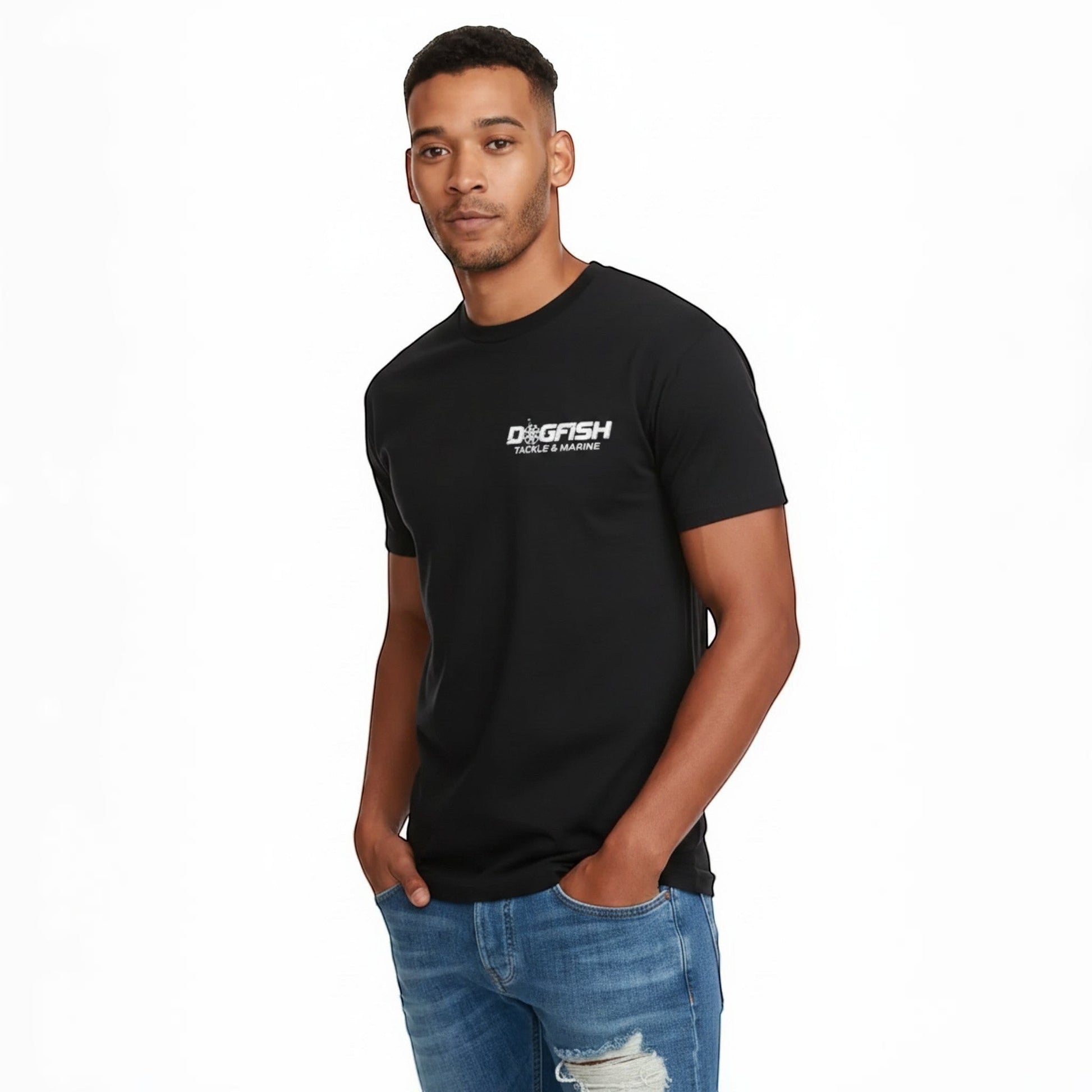 Dogfish Tackle & Marine black poly-cotton short sleeve t-shirt with Florida Unchained logo on chest.
