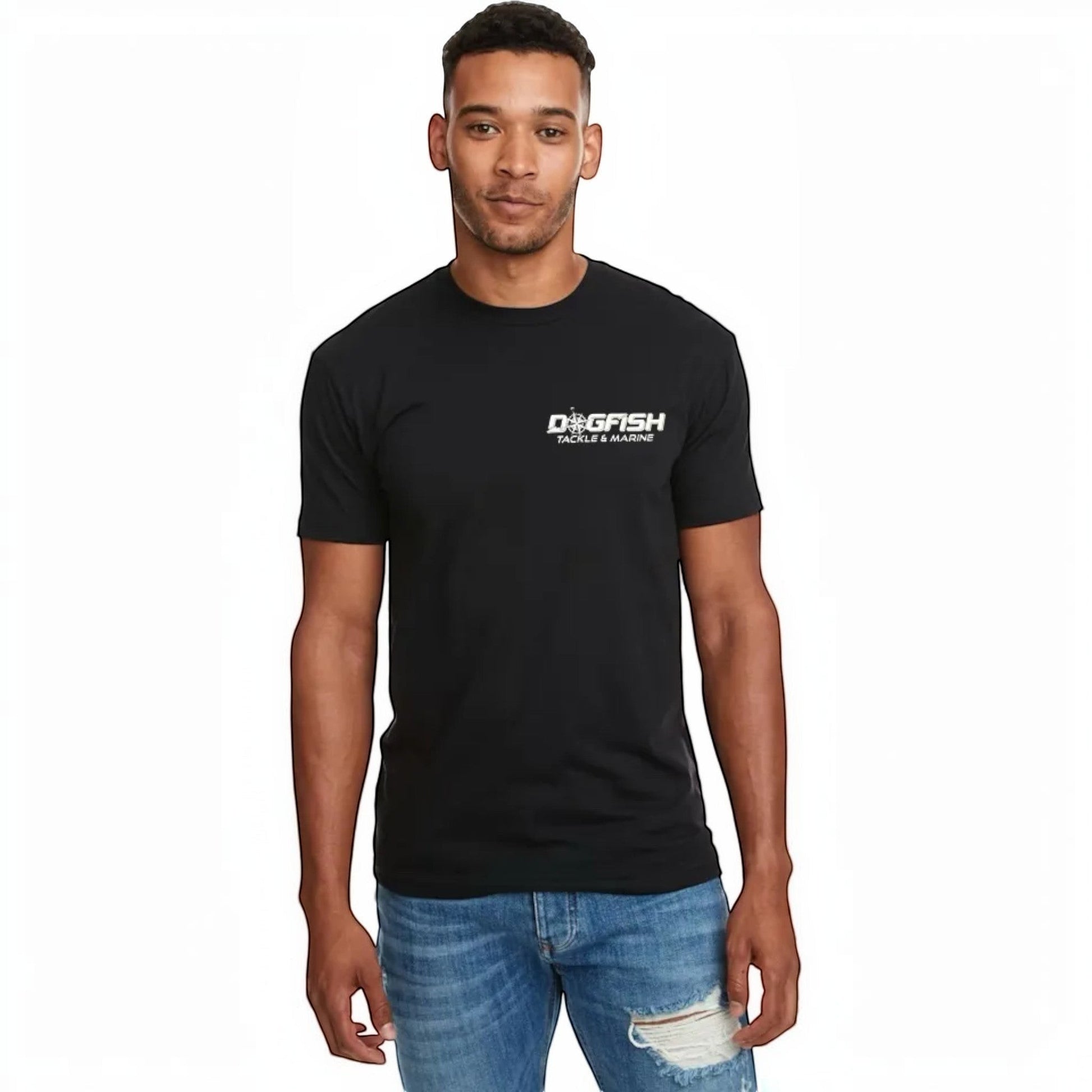 Dogfish Tackle & Marine black poly-cotton short sleeve t-shirt with Florida Unchained logo on chest.