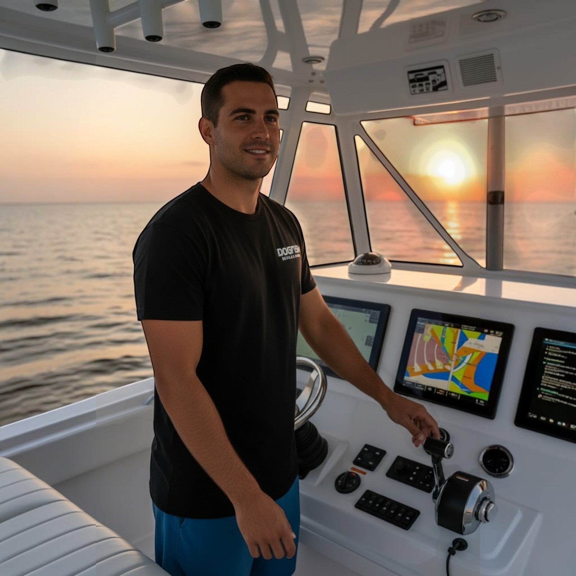 Dogfish Tackle & Marine black short sleeve t-shirt with Florida Unchained logo, worn by a man on a boat at sunset.