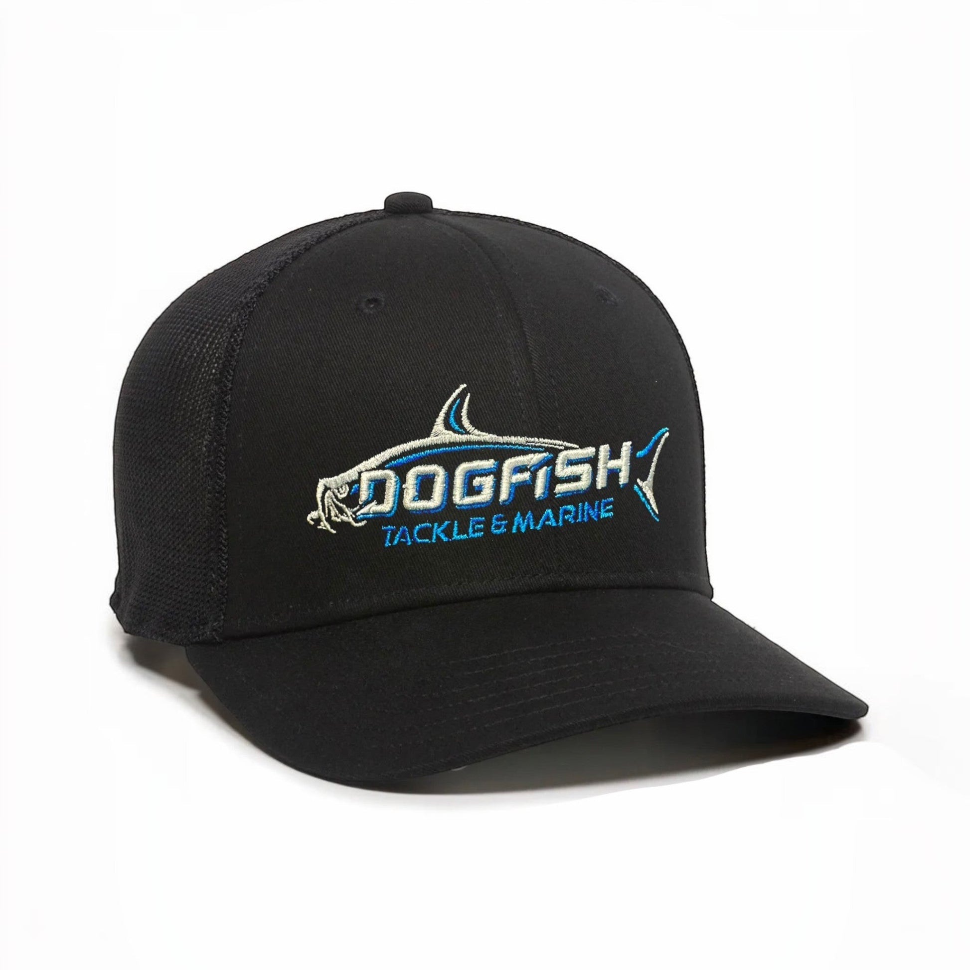 Dogfish Tackle & Marine black mesh back hat with embroidered fish logo and adjustable ProFlex sweatband.