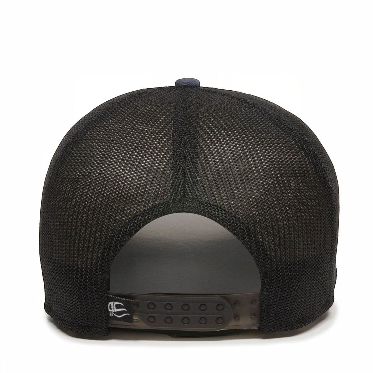 Dogfish Tackle & Marine black mesh trucker hat with adjustable snap closure and embroidered logo detail.