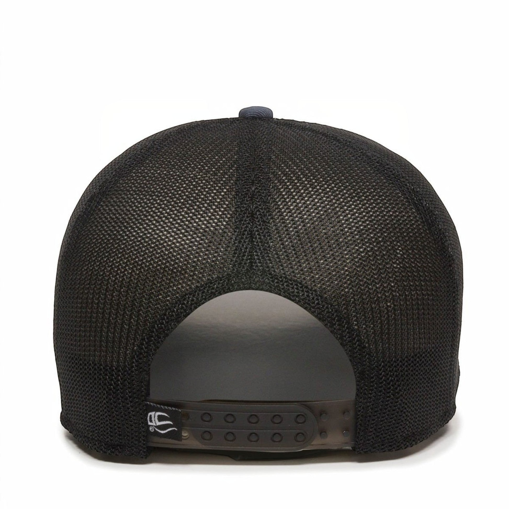 Dogfish Tackle & Marine black mesh trucker hat with adjustable snap closure and embroidered logo detail.