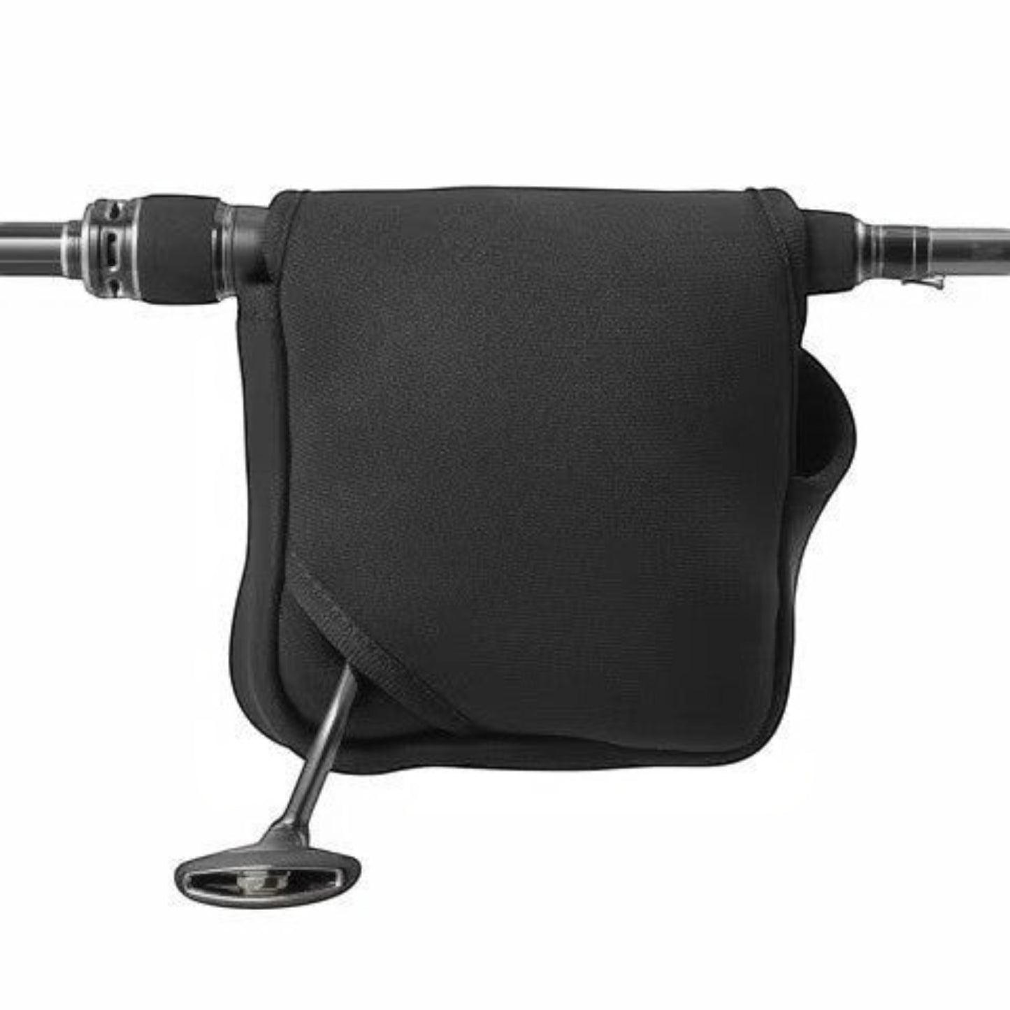 Dogfish Tackle & Marine black neoprene spinning reel cover with reel handle visible