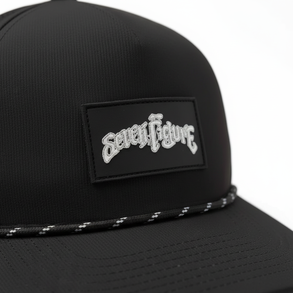 Dogfish Tackle & Marine black unstructured nylon baseball cap with rope detail and Stick Figure logo patch.