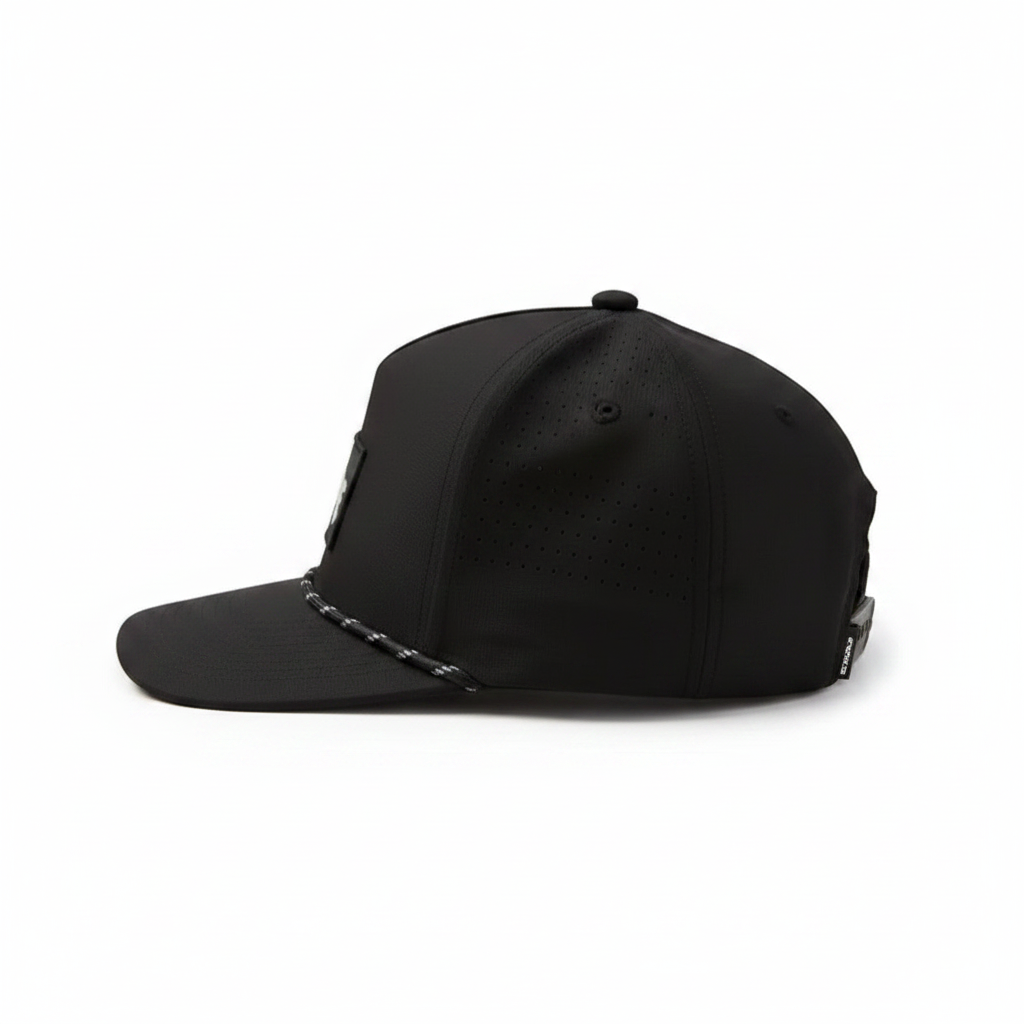 Dogfish Tackle & Marine black unstructured nylon baseball cap with rope detail and Stick Figure logo patch.