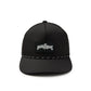 Dogfish Tackle & Marine black unstructured nylon baseball hat with rope detail and Stick Figure patch.
