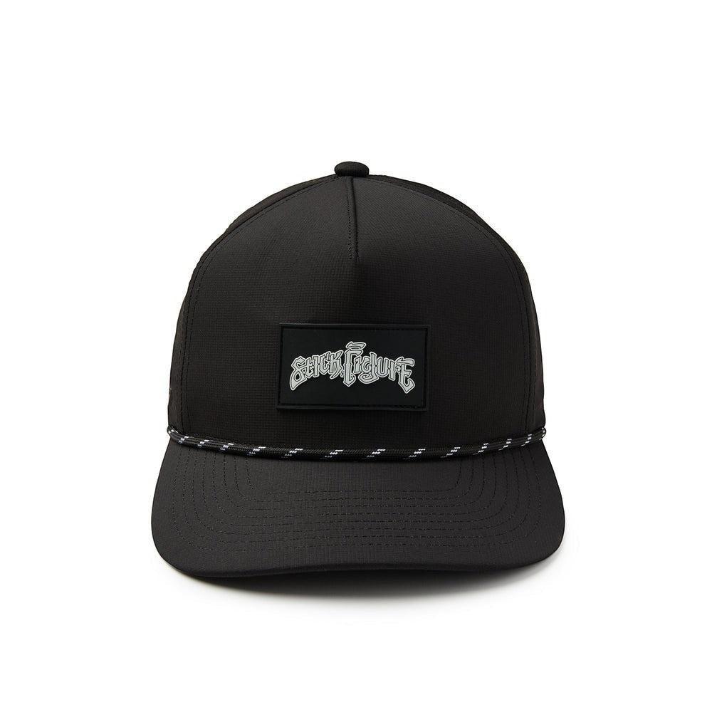 Dogfish Tackle & Marine black unstructured nylon baseball hat with rope detail and Stick Figure patch.