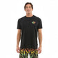 Dogfish Tackle & Marine black 60% cotton 40% polyester t-shirt with a colorful stick figure logo on the chest.