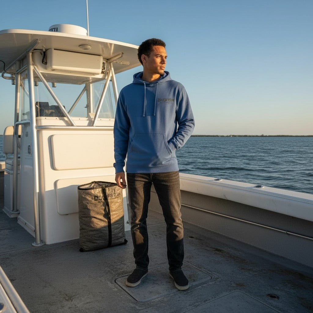 Dogfish Tackle & Marine blue cotton blend midweight hoodie with center console logo, worn by a man on a boat.