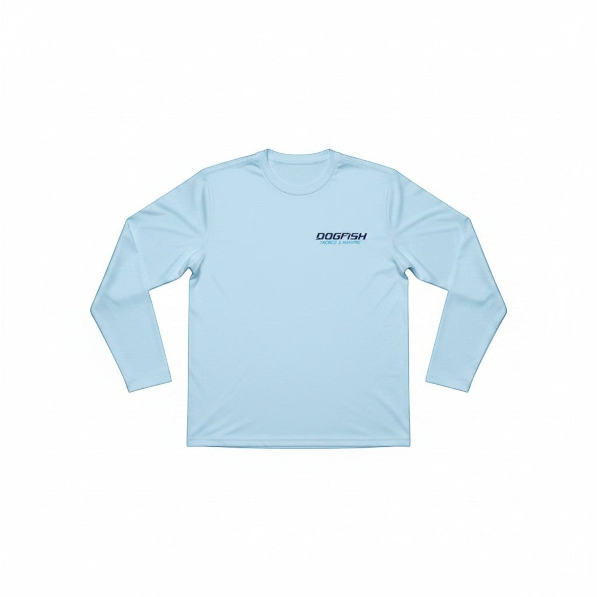 Dogfish Tackle & Marine light blue microfiber long sleeve shirt with UPF 50+ sun protection and moisture management.