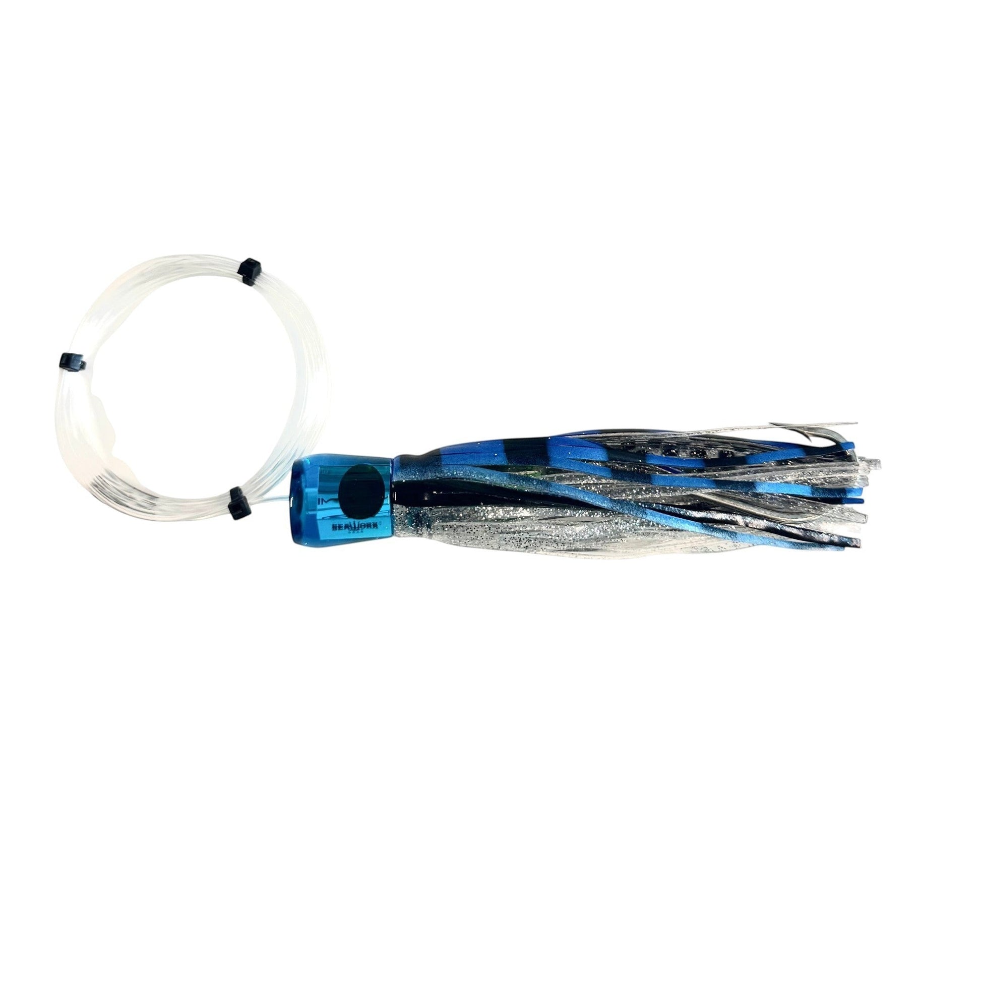 Dogfish Tackle & Marine blue and silver chugger trolling lure with monofilament leader for offshore game fishing