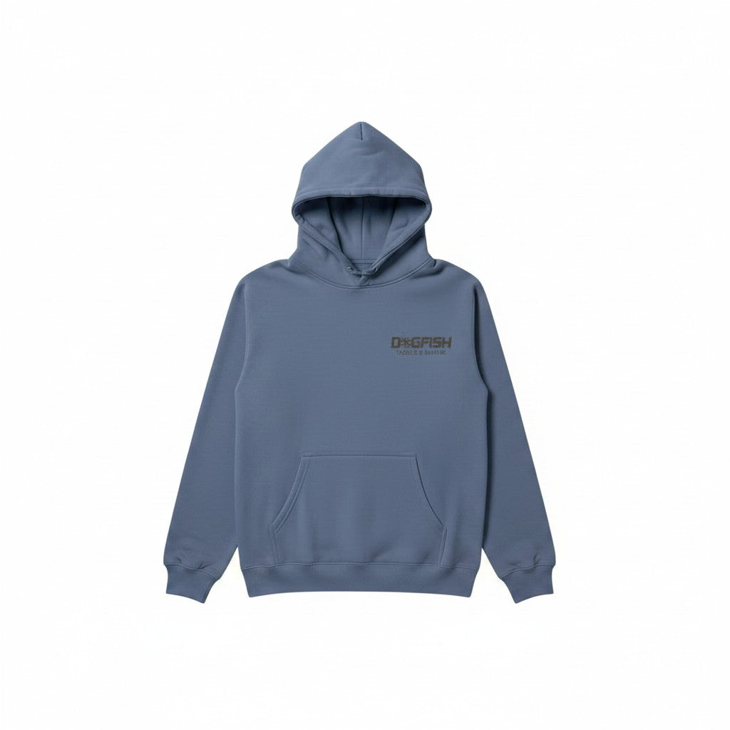 Dogfish Tackle & Marine blue sleeveless midweight hoodie with front pouch pocket and logo