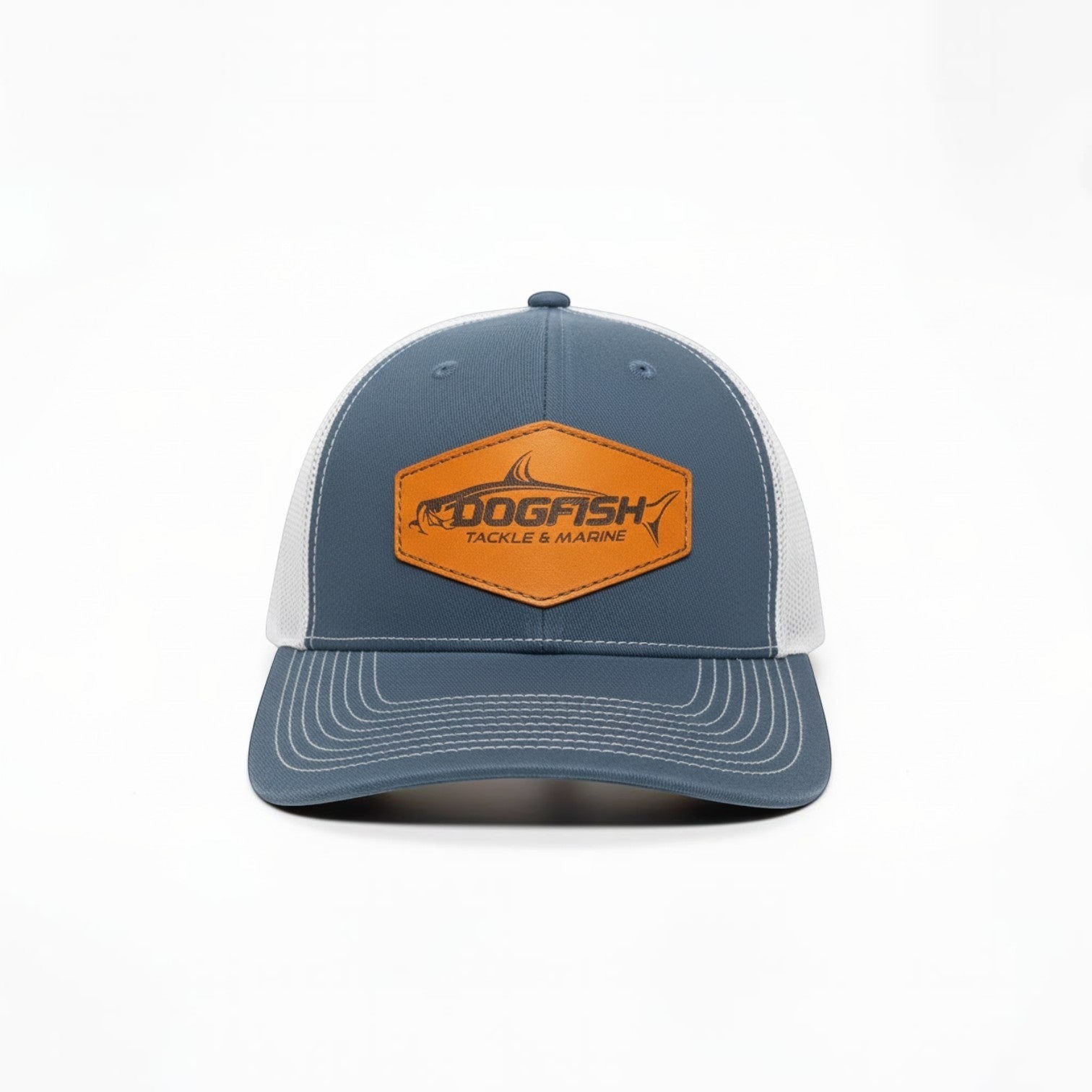 Dogfish Tackle & Marine blue trucker hat with white mesh back and leather patch featuring a tarpon logo.
