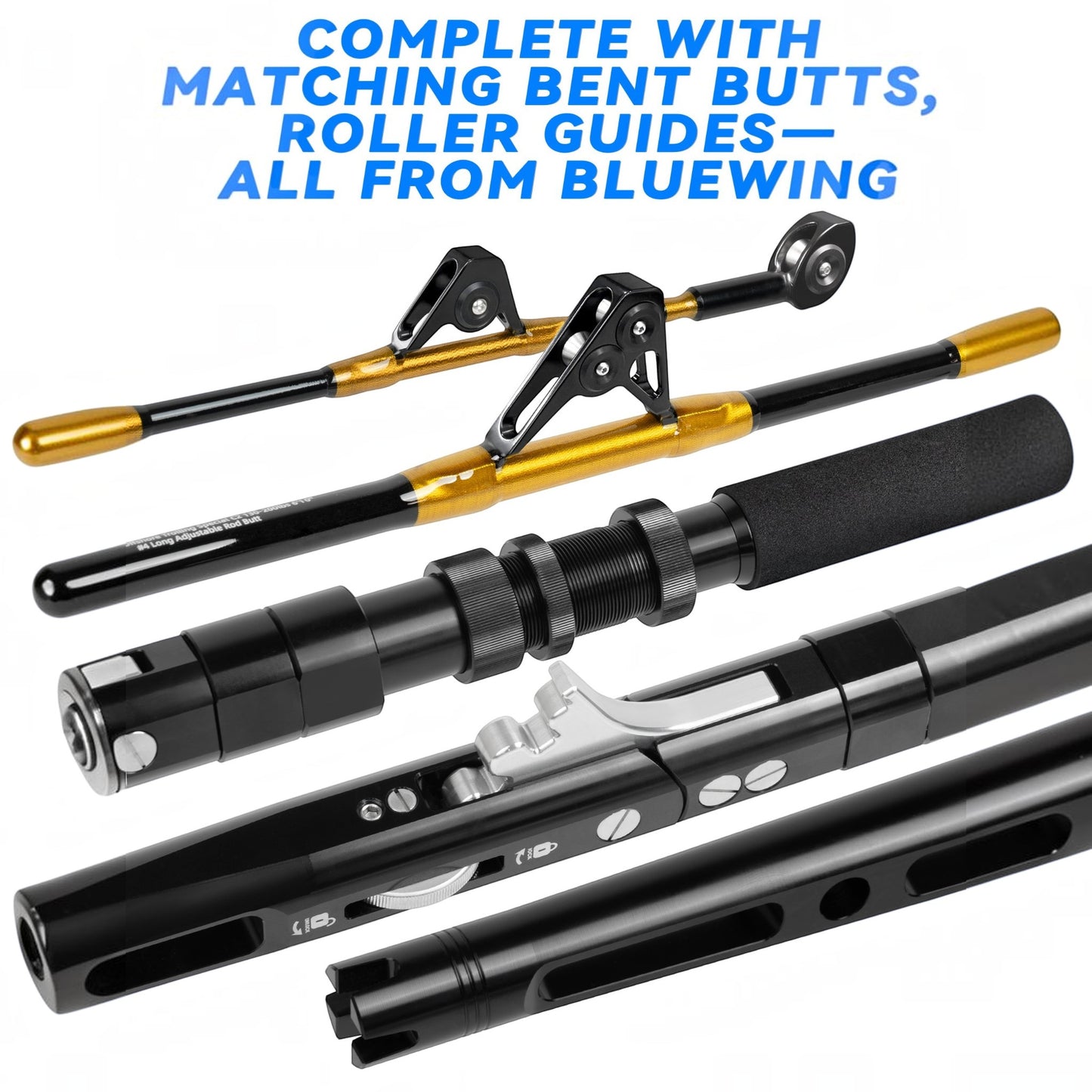 Dogfish Tackle & Marine Bluewing offshore trolling rod with gold fiberglass blank, roller guides, and bent butt.