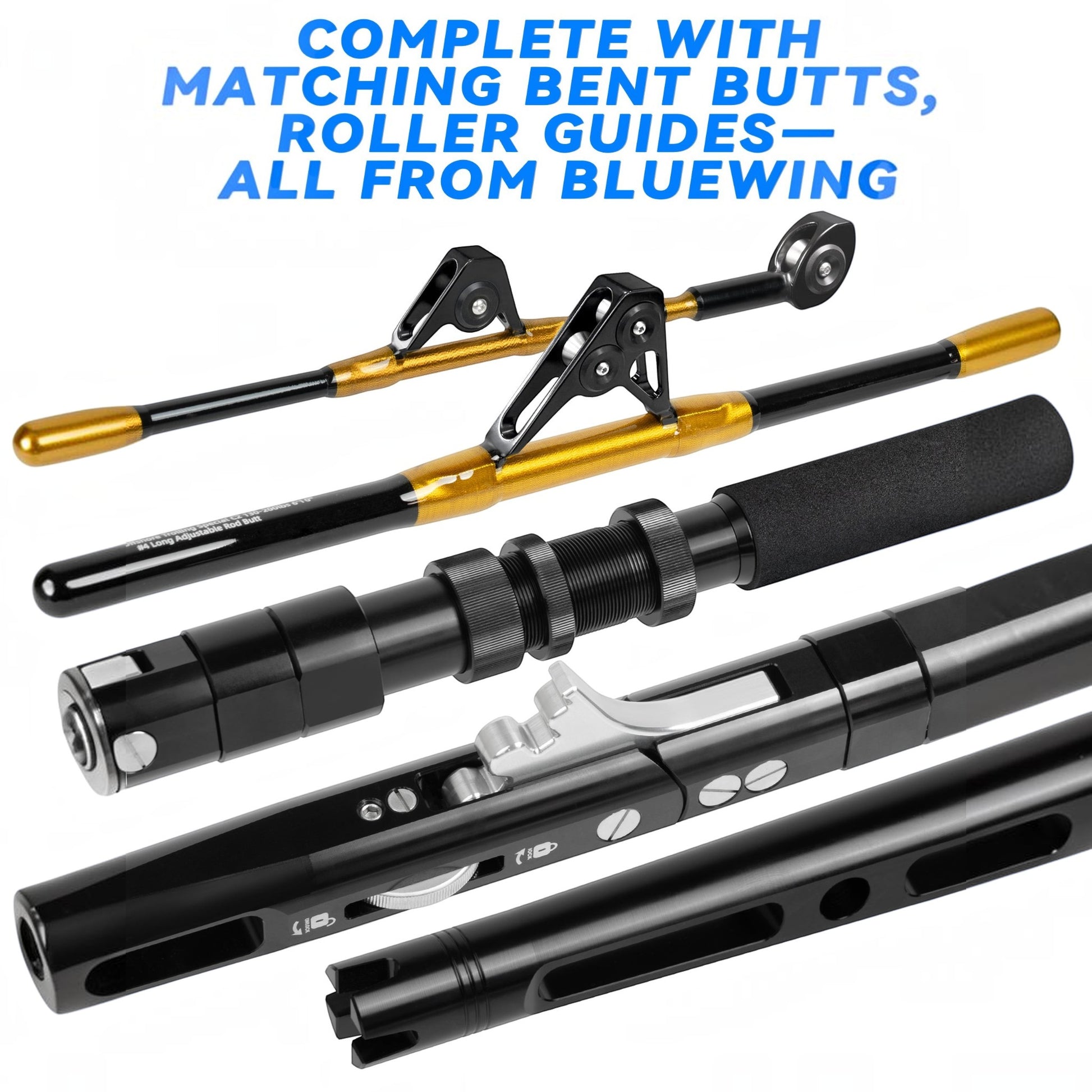 Dogfish Tackle & Marine Bluewing offshore trolling rod with gold fiberglass blank, roller guides, and bent butt.