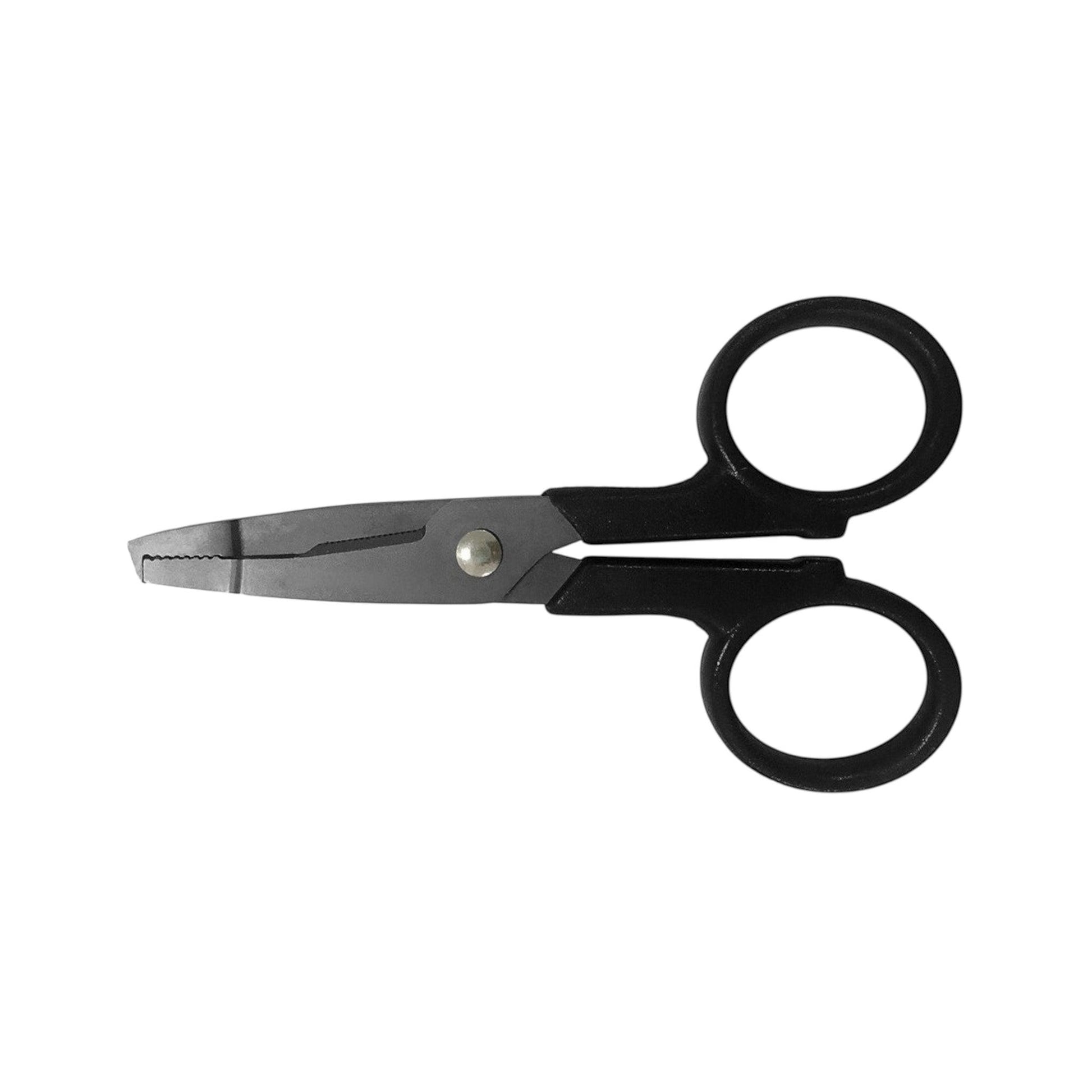 Dogfish Tackle & Marine 4.5-inch titanium-coated stainless steel fishing scissors with integrated split ring opener.