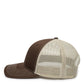 Dogfish Tackle & Marine brown chino twill front trucker hat with beige mesh back panels and contrasting white stitching.