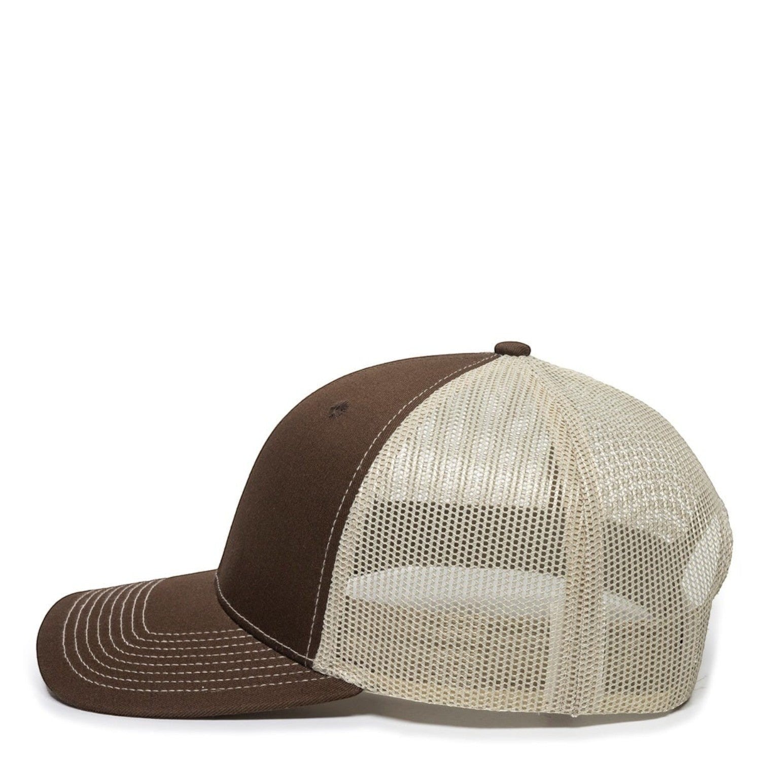 Dogfish Tackle & Marine brown chino twill front trucker hat with beige mesh back panels and contrasting white stitching.