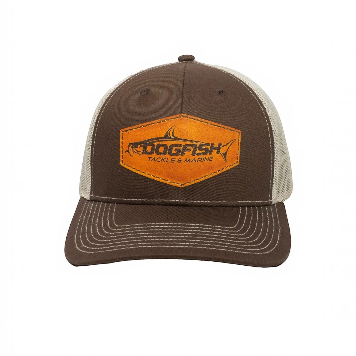 Dogfish Tackle & Marine brown trucker hat with mesh back and leather tarpon patch.