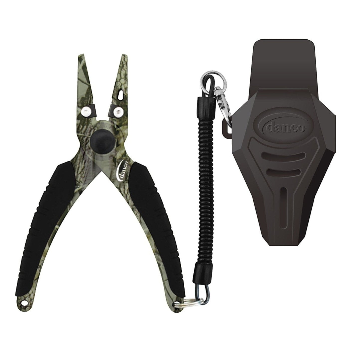 Dogfish Tackle & Marine Danco 6.5in camo fishing pliers with rubber grips, coiled lanyard, and black swiveling sheath.