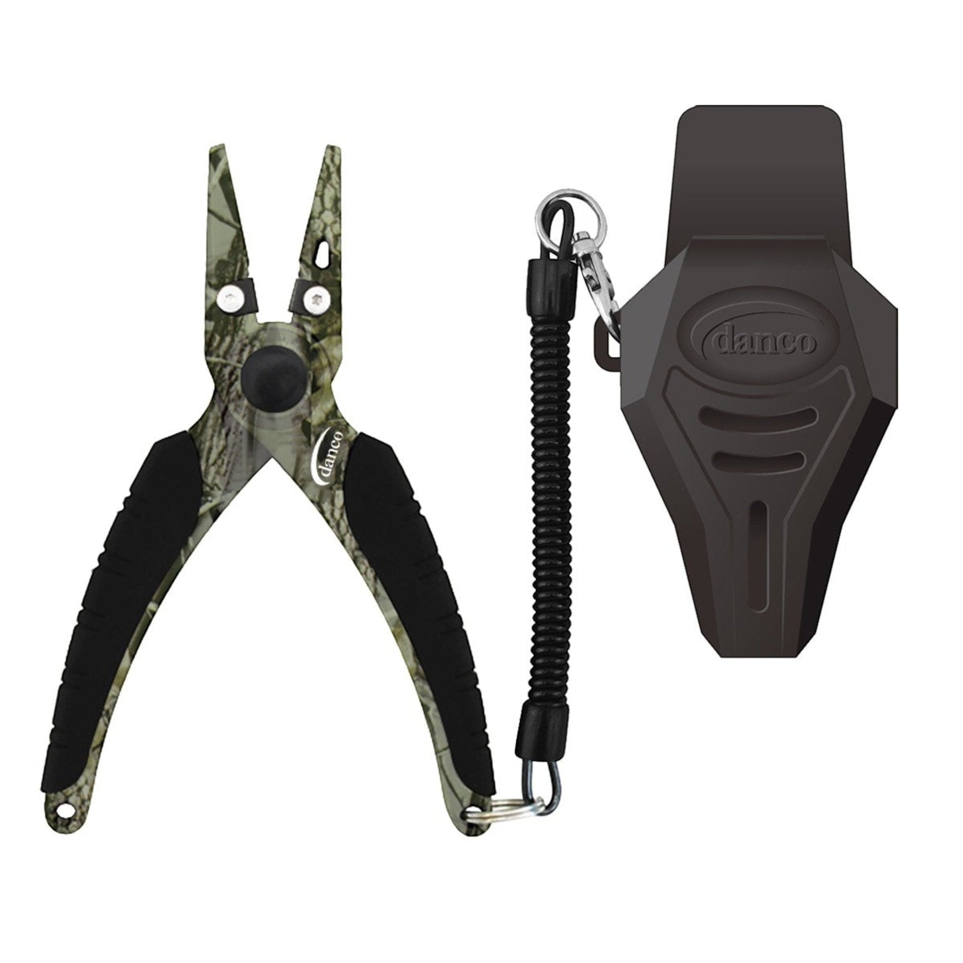 Dogfish Tackle & Marine Danco 6.5in camo fishing pliers with rubber grips, coiled lanyard, and black swiveling sheath.