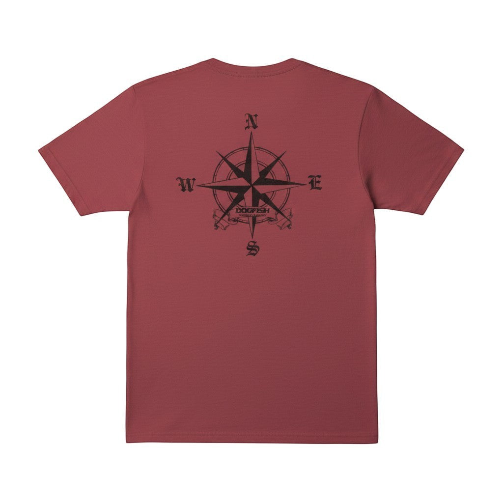 Dogfish Tackle & Marine heathered red cotton t-shirt with compass graphic on back.
