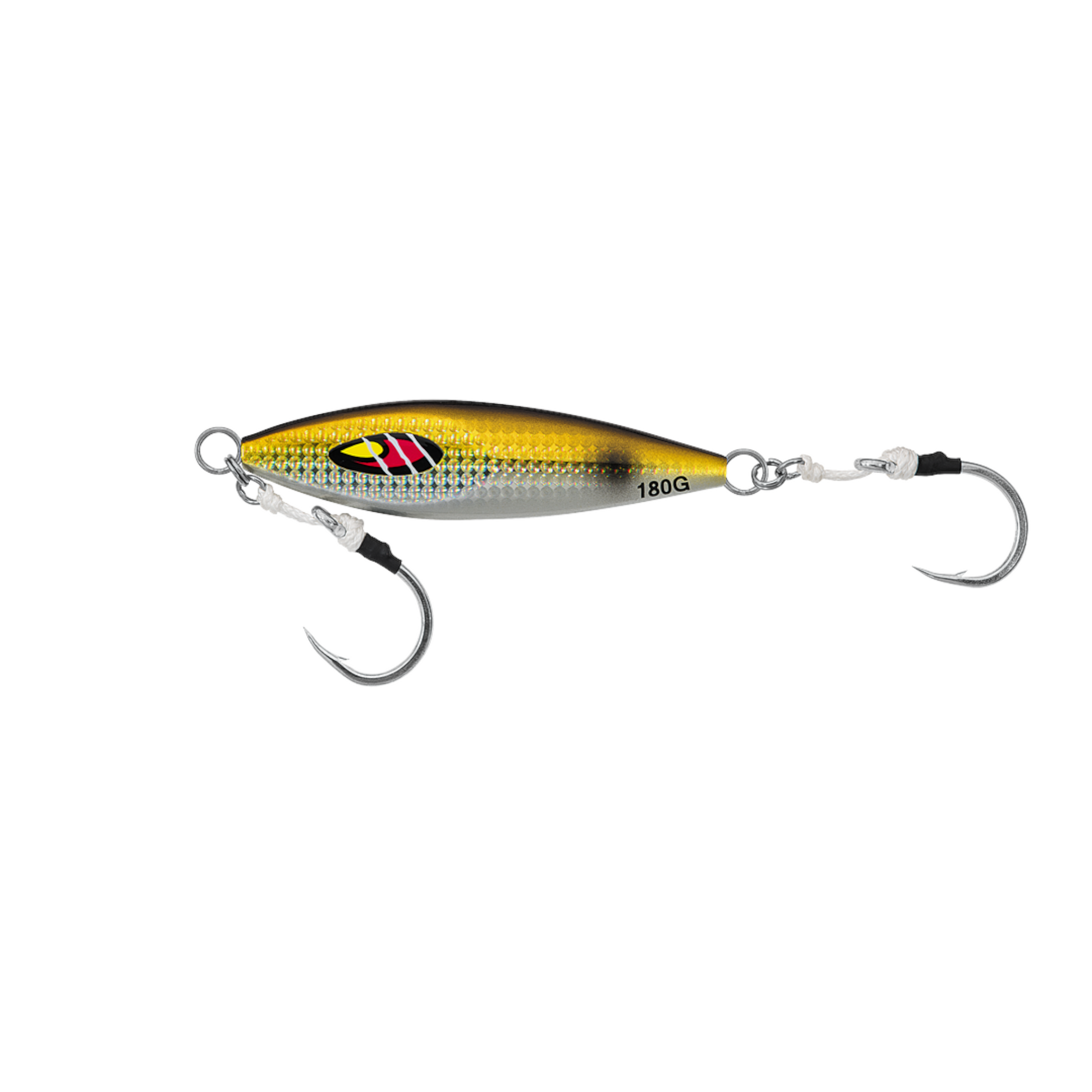 Dogfish Tackle & Marine Daiwa Mr Slow Jig in Goggle Eye color with dual assist hooks on a black background