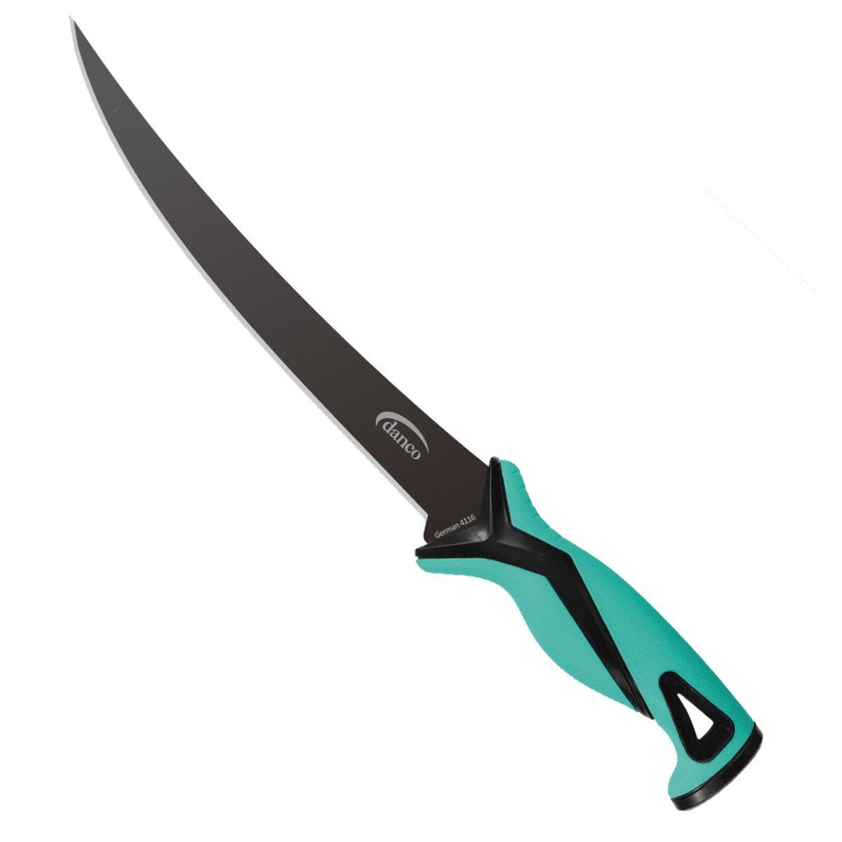 Dogfish Tackle & Marine Danco 9-inch Pro Series fillet knife with a black Teflon-coated blade and teal ergonomic grip.