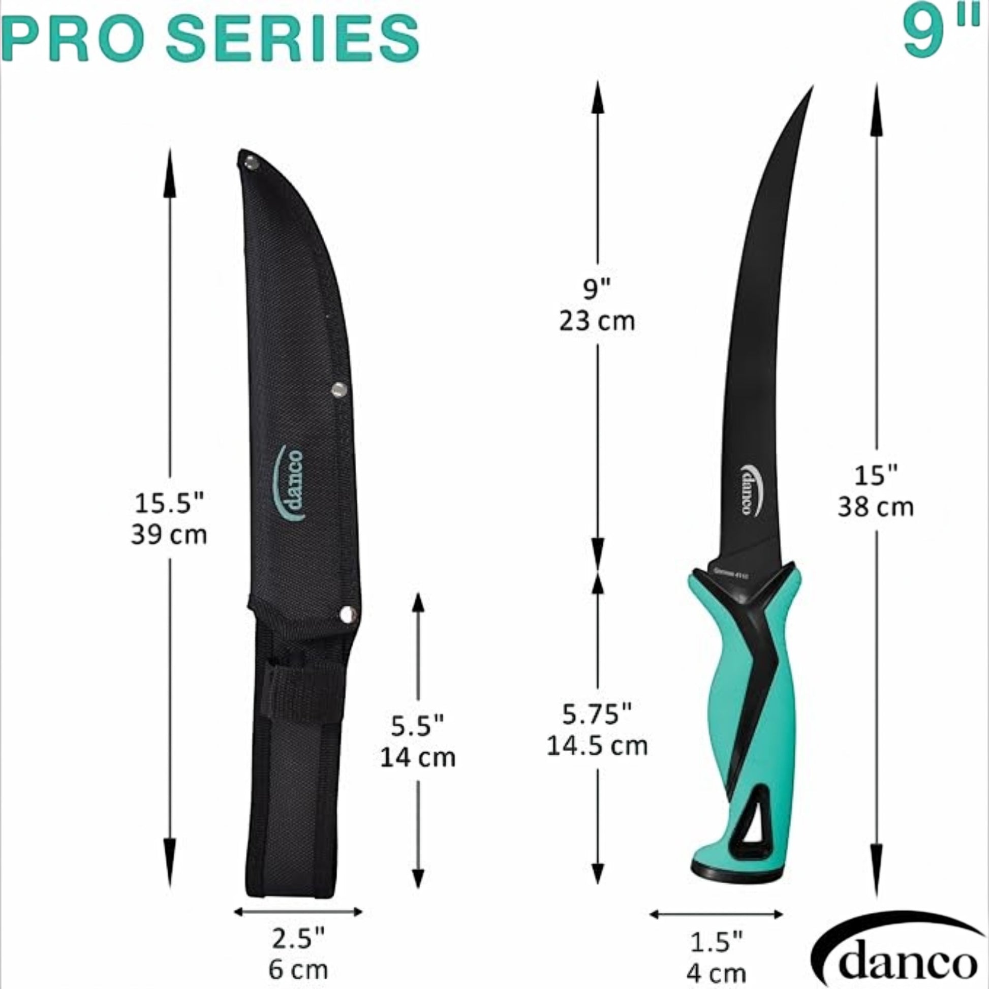 Dogfish Tackle & Marine Danco 9-inch Pro Series flex fillet knife with teal ergonomic handle and nylon sheath