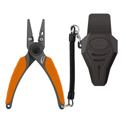 Dogfish Tackle & Marine Danco 6.5in Doughboy fishing pliers with orange rubber grips, lanyard, and black sheath.