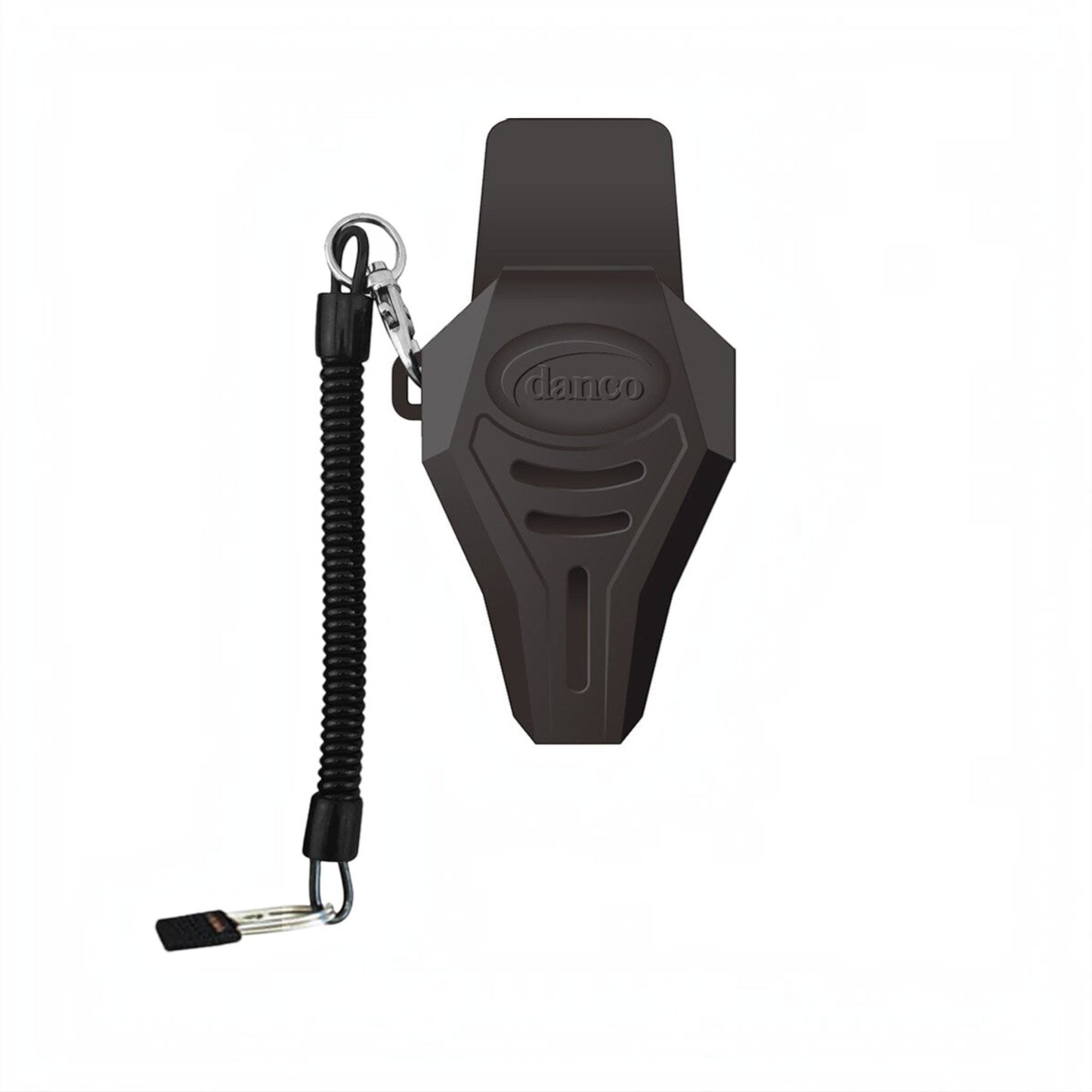 Dogfish Tackle & Marine Danco 6.5in Doughboy fishing pliers in a black swiveling rubber sheath with a coiled lanyard
