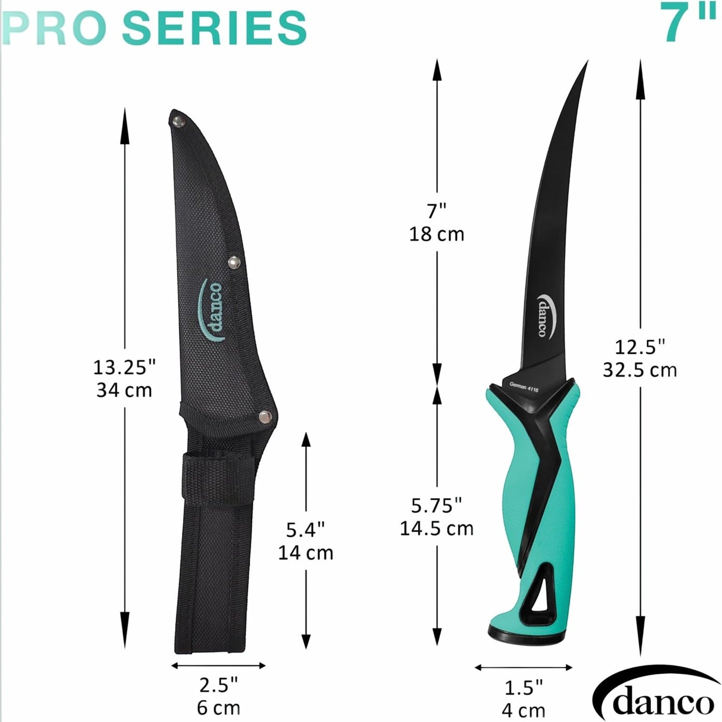 Dogfish Tackle & Marine Danco Pro Series 7-inch fillet knife with teal handle and black molded sheath with dimensions