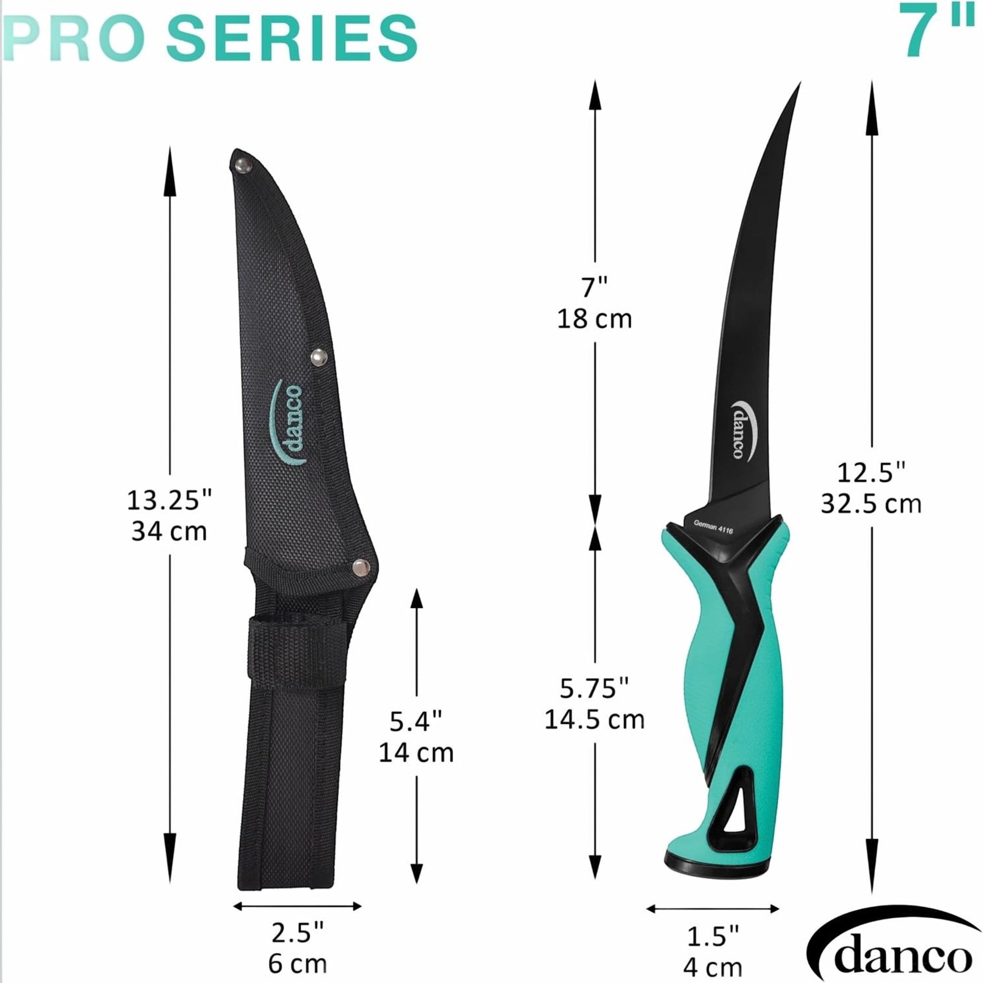 Dogfish Tackle & Marine Danco Pro Series 7-inch fillet knife with teal handle and black molded sheath with dimensions