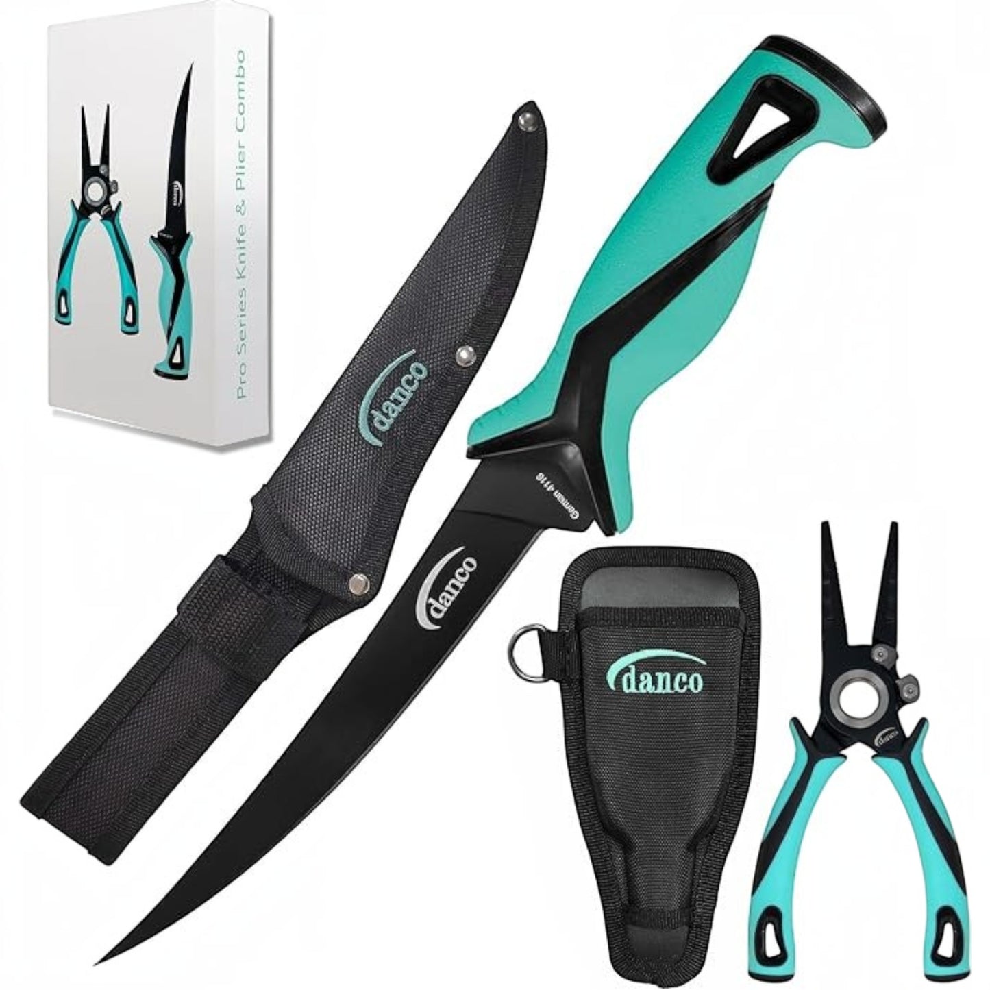 Dogfish Tackle & Marine Danco Pro Series fillet knife and pliers combo with black Teflon blades and teal grips.