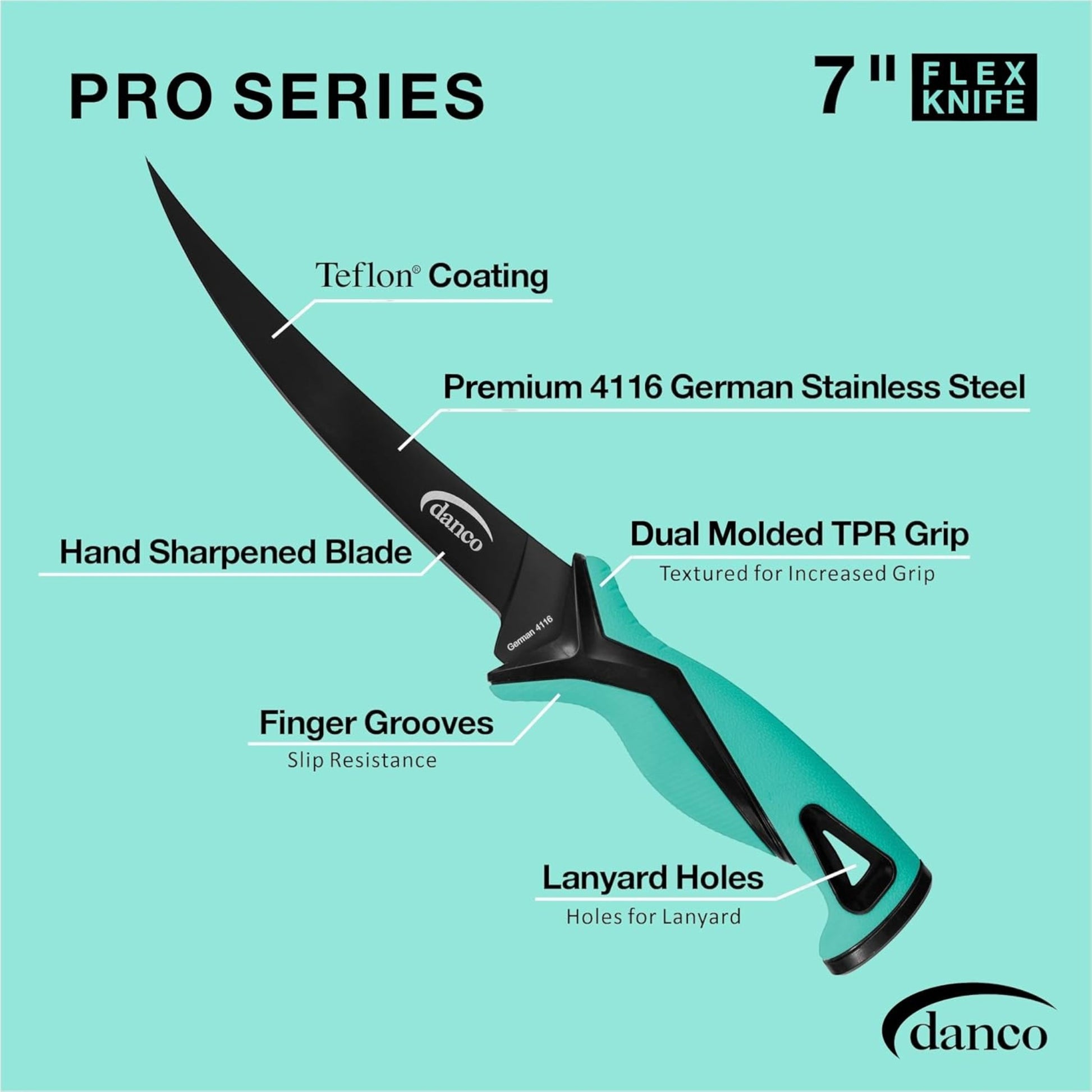 Dogfish Tackle & Marine Danco Pro Series 7-inch fillet knife with black Teflon-coated blade and teal textured grip