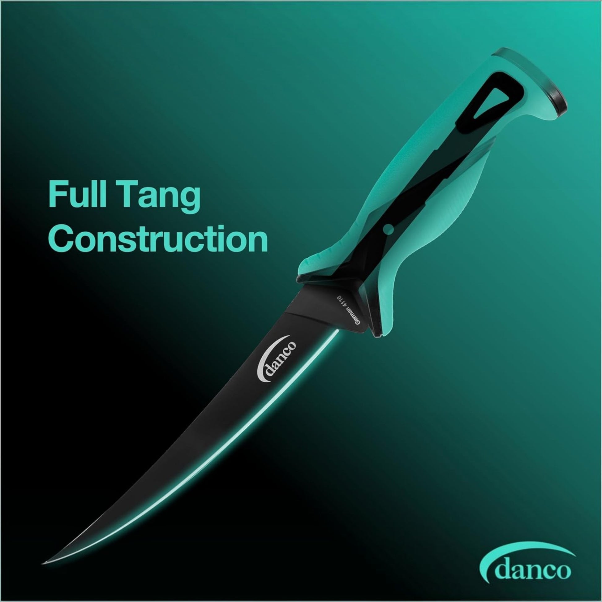 Dogfish Tackle & Marine Danco Pro Series 7-inch fillet knife with black Teflon blade and teal ergonomic grip