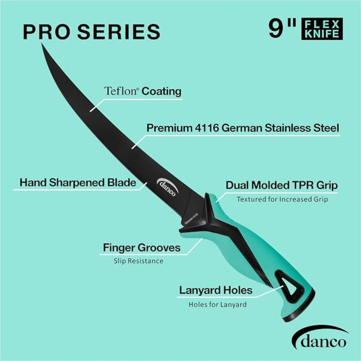 Dogfish Tackle & Marine Danco 9 inch Pro Series fillet knife with black Teflon coated blade and ergonomic grip