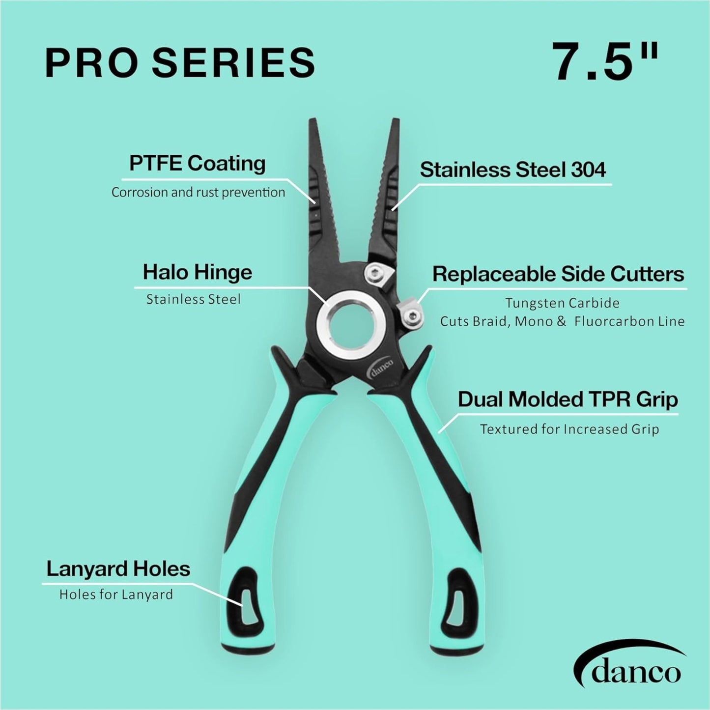Dogfish Tackle & Marine Danco Pro Series 7.5 inch fishing pliers with PTFE coated stainless steel and molded grip