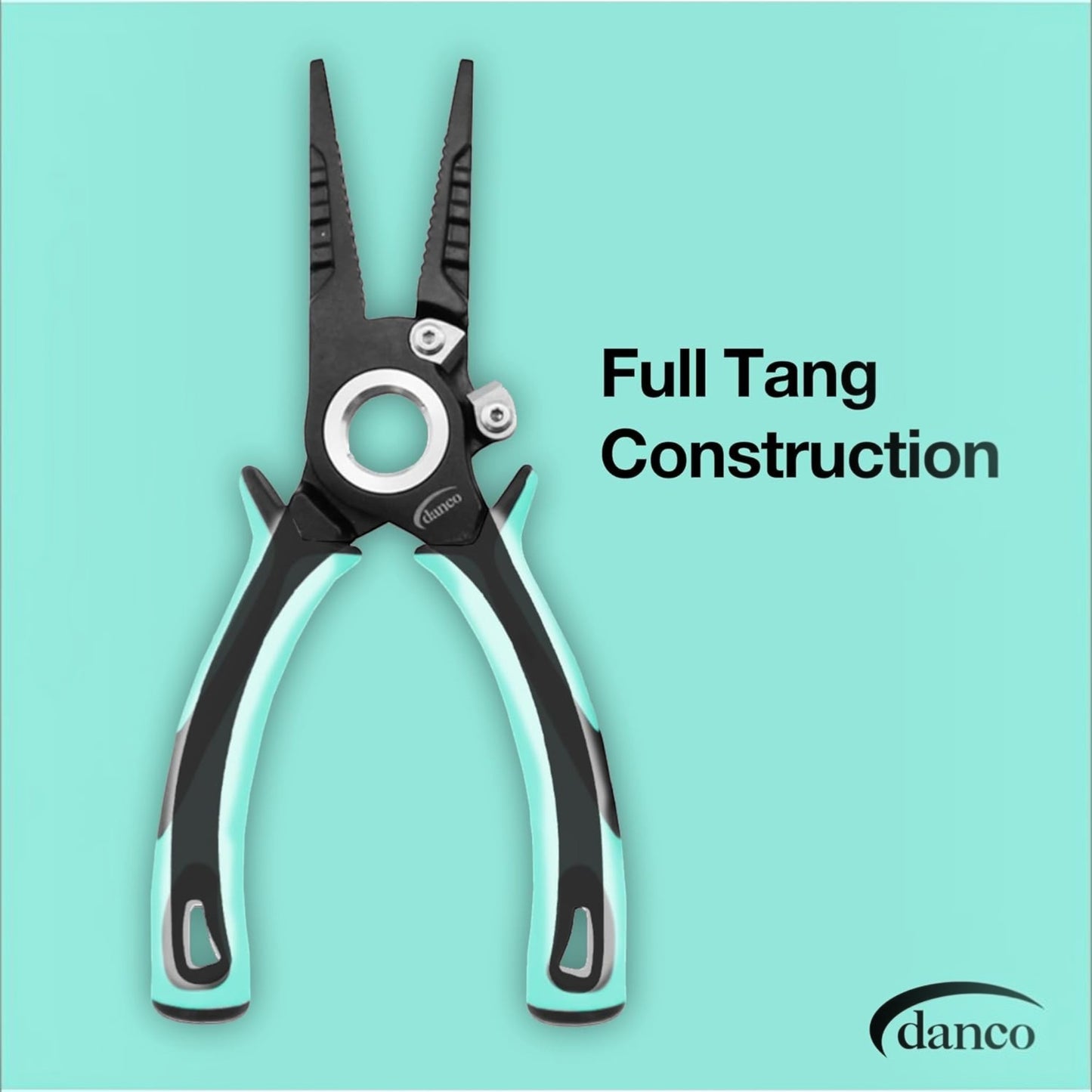 Dogfish Tackle & Marine Danco Pro Series stainless steel fishing pliers with black and teal ergonomic handles
