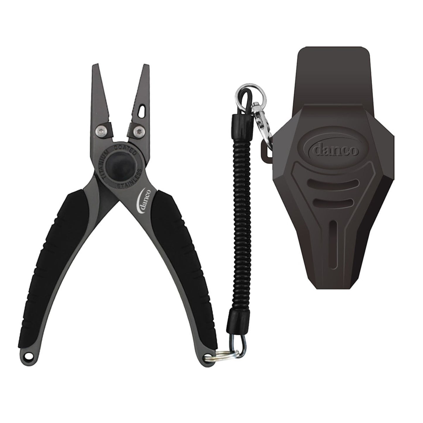 Dogfish Tackle & Marine Danco 6.5in titanium-coated stainless steel fishing pliers with sheath and coiled lanyard.