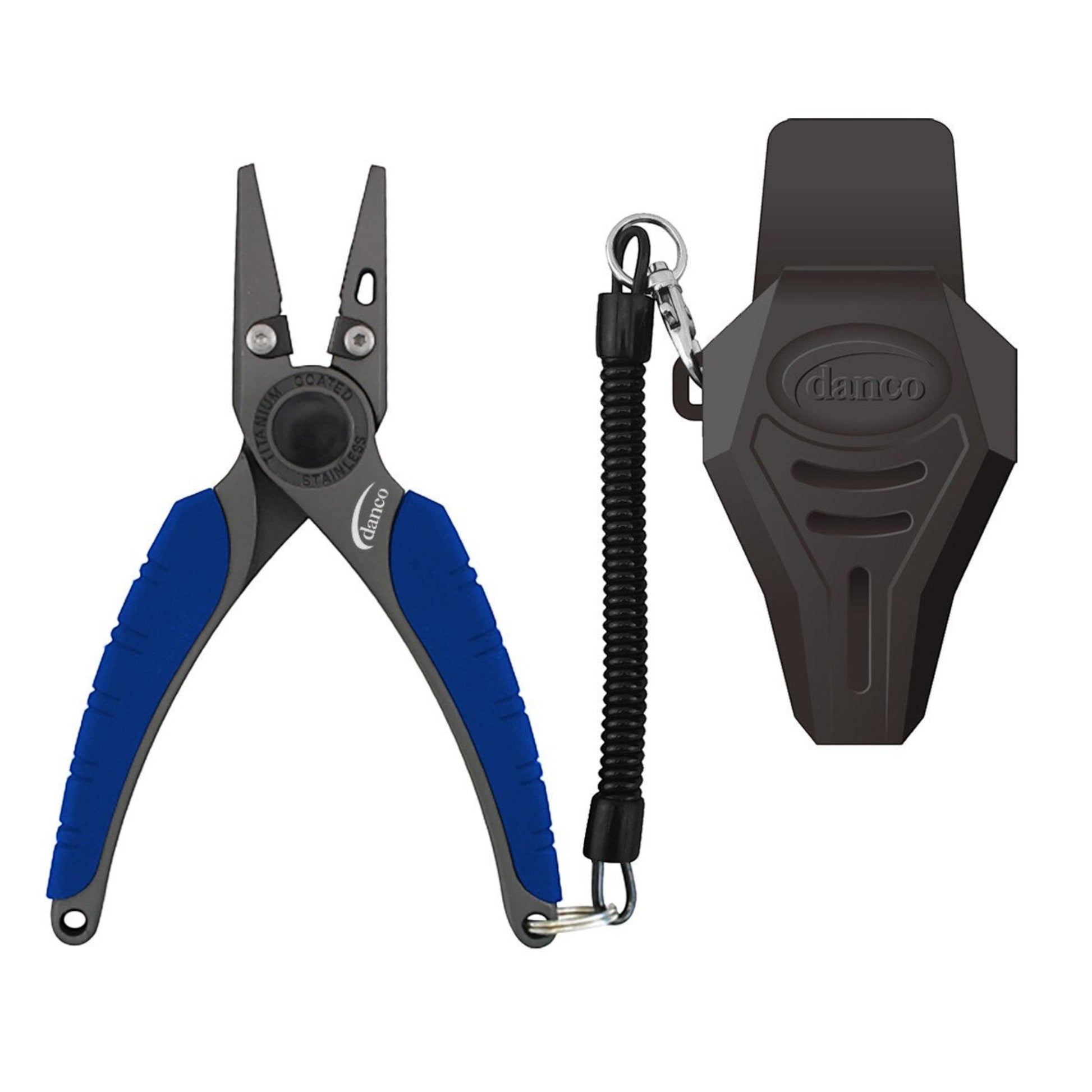 Dogfish Tackle & Marine Danco 6.5in titanium coated stainless steel fishing pliers with blue rubber grips and sheath